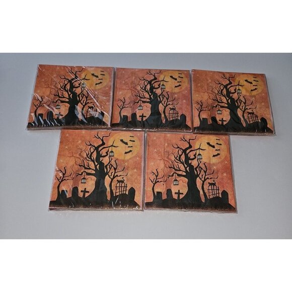 NEW 5 Packages Full Moon Halloween Napkins Lot Graveyard Tree Stars Bats Orange - Picture 2 of 6